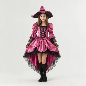 Girls Witch Costume Kids Halloween Party Dress Hat Black Lace Socks Set Children Pink Purple Burgundy Fancy Outfit TV Movie