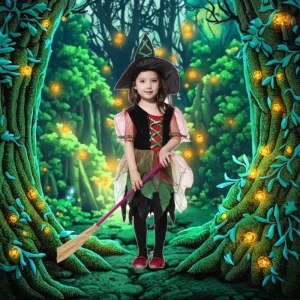 Girls’ Woodland Witch Halloween Cosplay Costume Dress with Hat