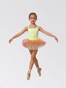 Girls Yellow to Pink Ombre Ballet Tutu Dress Kids Professional Stage Dance Costume with Ruffled Tulle Skirt