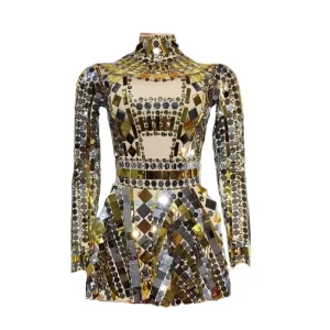 Glittering Diamond Sequins Gold Ware Long Sleeved Sexy Jumpsuit Short Skirt Performance Clothing
