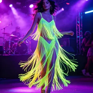Glow in the Dark Tassel Stage Costume Neon Yellow UV Reactive Fringe Maxi Dress Rave Outfit for Performances