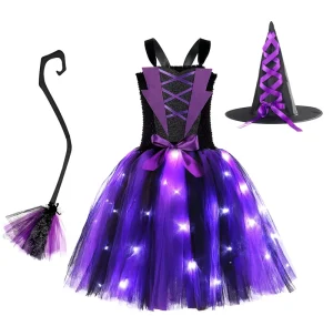 Glowing Witch Tutu Dress Costume with Broom and Wizard Hat DP017