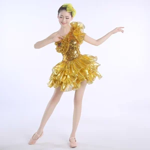 Gold Jazz Sequins Modern Dance Costumes Stage Performance Tutu Adult Women’s Guzheng Costumes