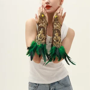 Gold Lace Feather Wrist Cuff Gothic Carnival Arm Sleeve Long Gloves Women’s Cosplay Costume