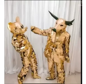 Gold Mirror Bull and Mouse Costume Set Handmade Reflective Animal Suits for Nightclub Stage Performance Event Parade Cosplay