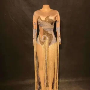 Gold Pearl Dress Tassel Bodysuit Adult Stage Costume Female Song Jumpsuit Outfit Singer Sexy Dance Team Stage Costume