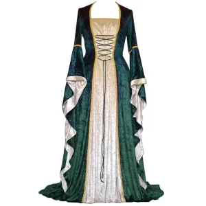 Golden Velvet Flared-Sleeve Retro Medieval European Court Floor-Length Women’s Dress