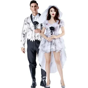 Gothic Ghost Bride Zombie Vampire Wedding Dress Costume for Women and Men