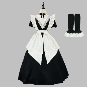 Gothic Lolita Maid Dress Victorian Style Long Sleeve Cosplay Outfit with Lace Apron