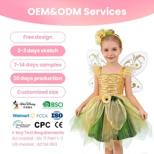 Green Fairy Princess Halloween Costume Set for Girls with Headband and Wings Flower Tutu Dress Polyester