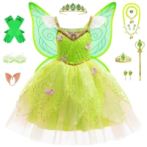 Green Forest Fairy Frog Costumes 3D Flowers Tiana Princess Dress Fancy Dress up Tinkle Bell Clothes Carnival Christmas Disguise