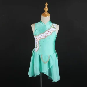 Green Girls’ Lyrical Dance Dress High Collar Chinese Style Ballet and Skating Costume