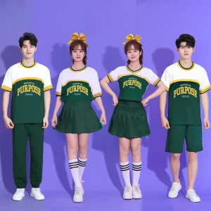 Green, White, and Yellow Short Sleeve Unisex Cheerleading Uniform Set