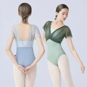 Gymnastic Leotard Ballet Leotards Women Adult Training Dance Wear Girls Dance Costume Pleated Mesh Sleeves