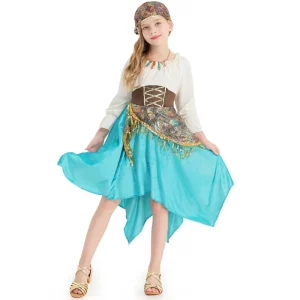 Gypsy Girl Flamenco Performance Costume Sky Blue Irregular Skirt Heavy Sequin Strap Children’s Halloween Dance Dress