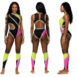 HBCU Majorette Dance Uniform Neon Pink Green Sequin Rhinestone Performance Leotard Competitive Cheerleading Costume Set