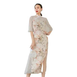 HD180 Classical Style Small Flower Fairy Performance Wide Sleeve Stand Collar Champagne Color Cheongsam Improved Dance Dress