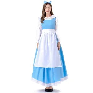 Halloween Adult Ladies Manor Maid Costume, Belle Blue Apron Cosplay Set