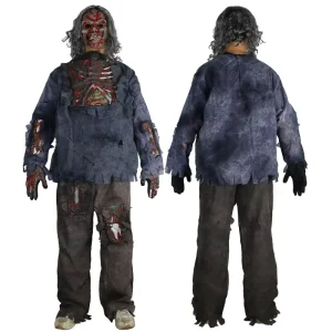 Halloween Blue Tie-Dye Zombie Costume Set with Long Hair