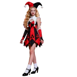 Halloween Checkered Clown Costume Women Circus Uniform Strap Dress Set