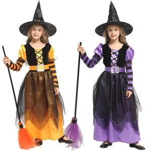 Halloween Children Girl’s Witch Princess Costume School Performance Cos Play Costume With Hat Carnival Party Fancy Dress up