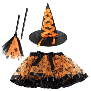 Halloween Children’s Costume Printed Mesh Tutu Skirt Witch Hat and Broom Puff Skirt European and American Girls’ Short