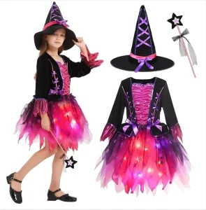 Halloween Children’s Costume for Girls Vampire Witch Cosplay Outfit with Illuminated Dress