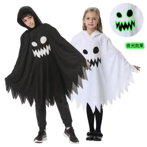 Halloween Children’s Costumes White and Black Luminous Ghost Face Glowy Cape and Shawl Party Attire