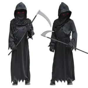 Halloween Children’s Ghost Costume with Red Eyes, Demon Scythe and Death Robe