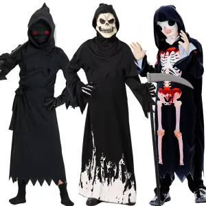 Halloween Children’s Skeleton God of Death Costume with Sickle, Ghost Grim Reaper Robe