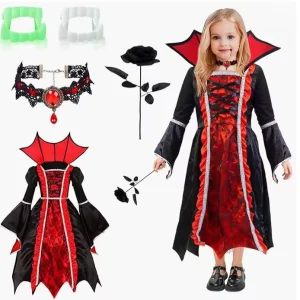 Halloween Children’s Vampire Queen Costume with Lace-Up Stand Collar and Flared Long Sleeves