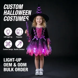 Halloween Children’s Witch Light Up Polyester Dress Girls’ Cosplay Little Witch Princess Costume Set
