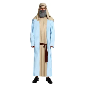 Halloween Cosplay Costume Set Arab Light Blue Robe Arabian Prince Costume with Headband for Men