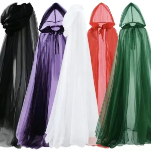 Halloween Cosplay Ghost Costume With Hooded Cloak And Tulle Long Dress For Death Witch Performance