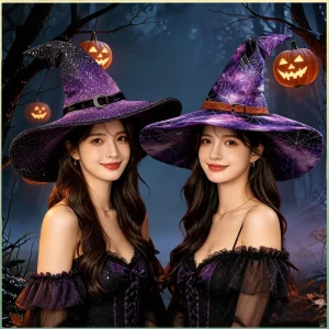 Halloween Cosplay Purple Starry Sky Spider Web Printed Cotton Witch Hat 3D Embroidery Funny Magician Pointed Hat Digital Party