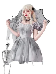 Halloween Costume Adult Women Witch Cosplay Costume Gothic Ghost Bride Vampire A line Short Sleeve Irregular V Neck Fancy Dress