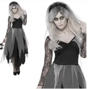 Halloween Costume Women’s Plus Size Gothic Vintage Skull Lace Bell Sleeve Ghost Bride Dress