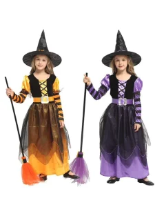 Halloween Fairytale Witch Cosplay Clothes Cute Witch Costume With Hat Deluxe Princess Set for Girls Carnival Party Witch Dress