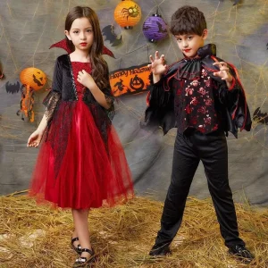 Halloween Girl Witch Ghost Bride Costume and Boy Skull Vampire Outfit