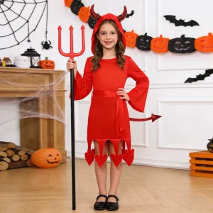 Halloween Girls Devil Suit Costume Red Cosplay Costumes Hooded Jumpsuit Demon Dress Grim Reaper Death Costume Kit