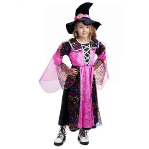 Halloween Girls Witch Costume Pink Velvet Starry Dress with Hat