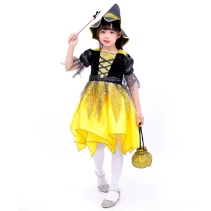 Halloween Girls Witch Dress Costume with Hat, Magic Wand and Candy Bag