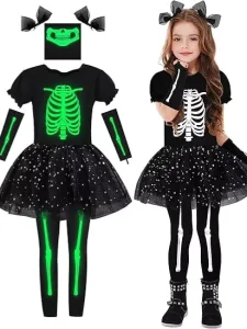 Halloween Glowing Skeleton Costume Set Ghost Outfit Girls Cos Stage Costume for Children’s Party Featuring Glowing Dresses