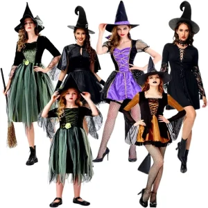 Halloween Gothic Witch Costume Dress with Hat and Broom