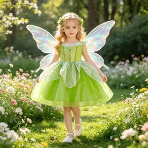 Halloween Green Elf Flying Sleeve Dress Princess Echo Cosplay Costume Fluffy Tutu Skirt Girls Polyester