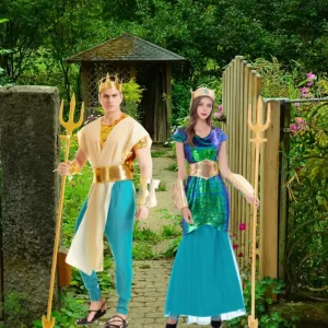 Halloween Green Magic Mermaid Costume Adults Greco Roman Goddess Naga Siren Sea God Dress Queen Prince Men Women Couple Dress