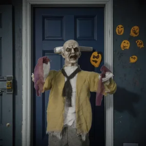 Halloween Hanging Animatronic Bloody Zombie with Knife-on-Head Wall Decoration Prop