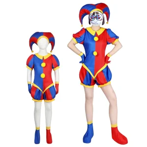 Halloween Jester Clown Romper Costume Red and Blue One-Piece Cosplay Set