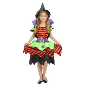 Halloween Kids Cosplay Party Beautiful Witch Costume Cute Girls Witch Stripe Dress with Hat