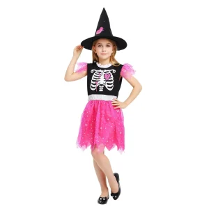 Halloween Kids Cosplay Party Witch Costume Cute Girls Witch Costume Pink Dress with Hat